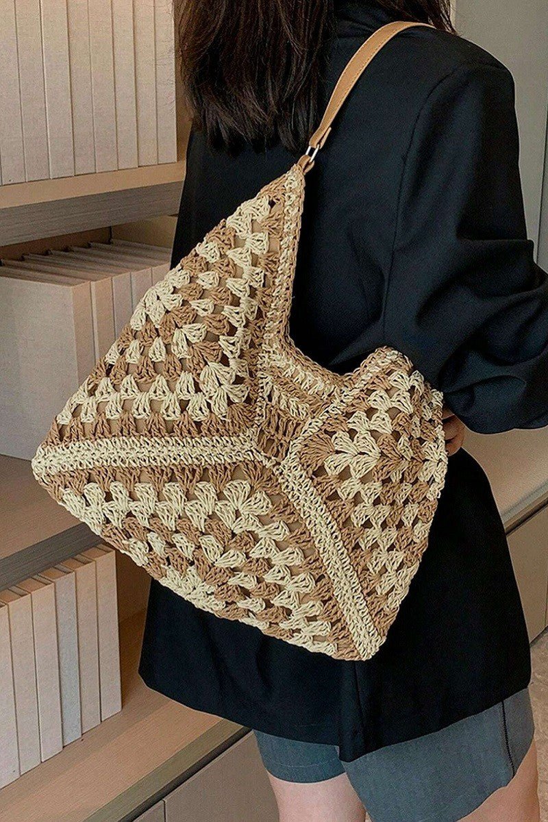 Vintage Woven Straw Crochet Bucket Shoulder Bag - Blush & Cactus