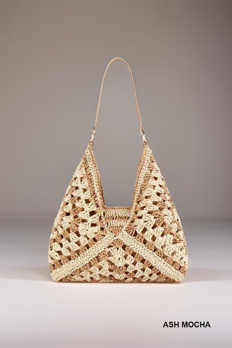 Vintage Woven Straw Crochet Bucket Shoulder Bag - Blush & Cactus