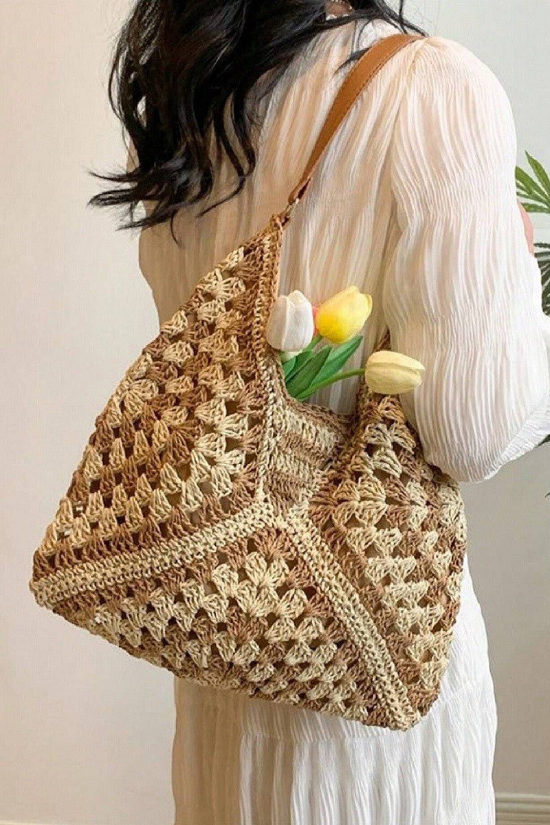 Vintage Woven Straw Crochet Bucket Shoulder Bag - Blush & Cactus