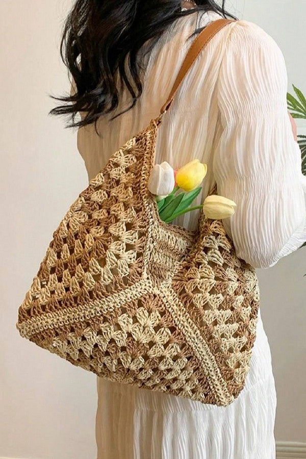 Vintage Woven Straw Crochet Bucket Shoulder Bag