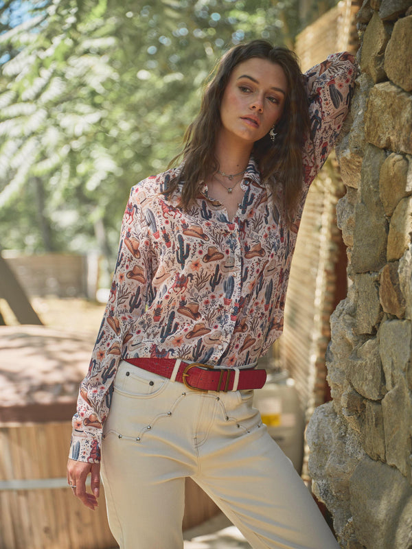 Blue B Western Print Chiffon Button Up Blouse