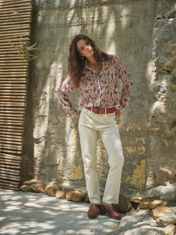 Blue B Western Print Chiffon Button Up Blouse