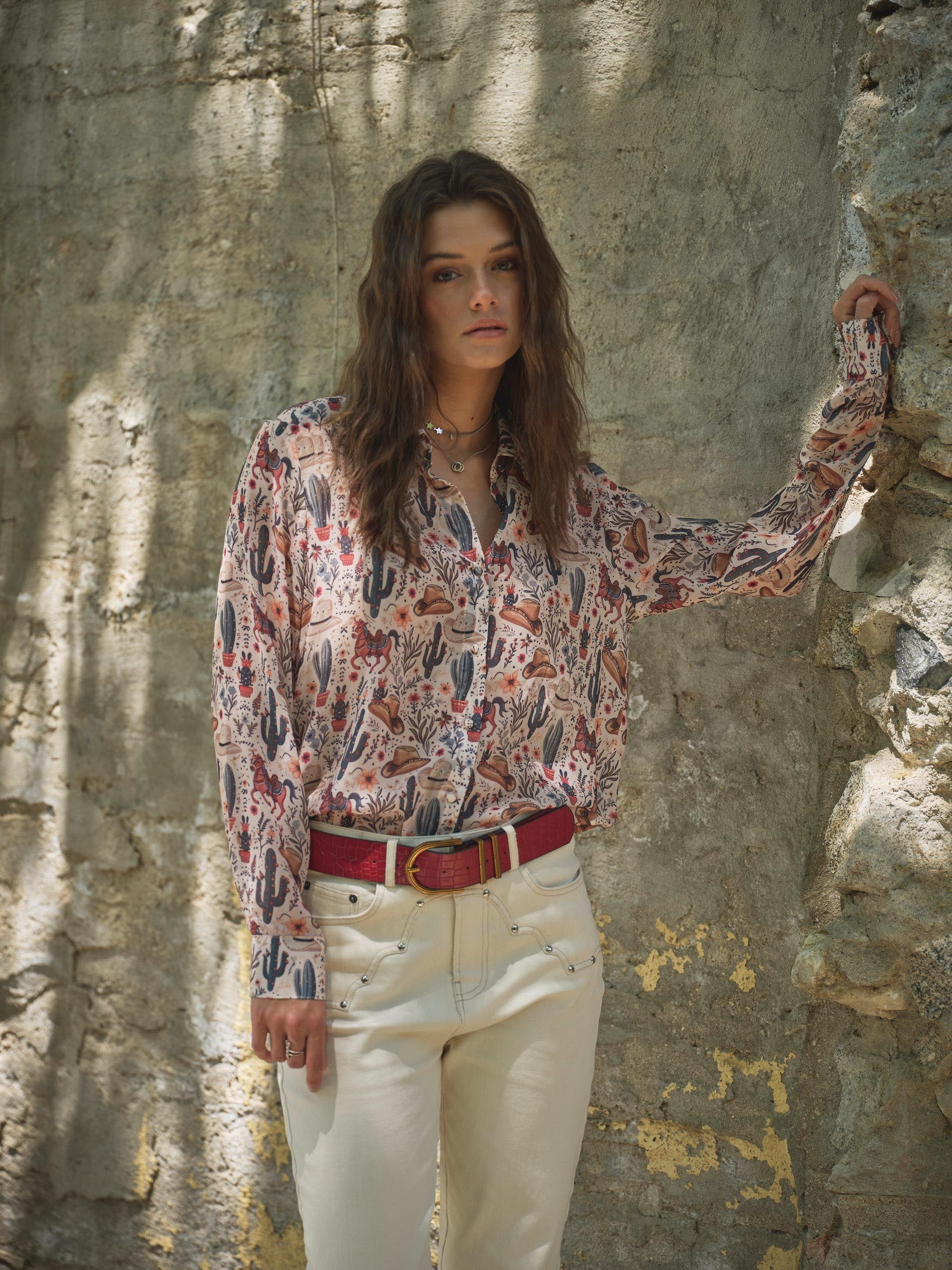 Blue B Western Print Chiffon Button Up Blouse