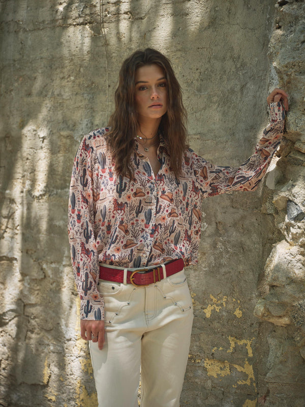 Blue B Western Print Chiffon Button Up Blouse