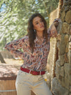 Blue B Western Print Chiffon Button Up Blouse