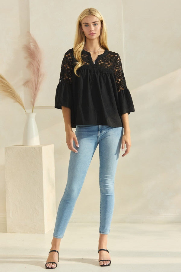 Oddi Solid Airflow Lace Trimmed Bell Sleeve Blouse - Curvy Size - Blush & Cactus