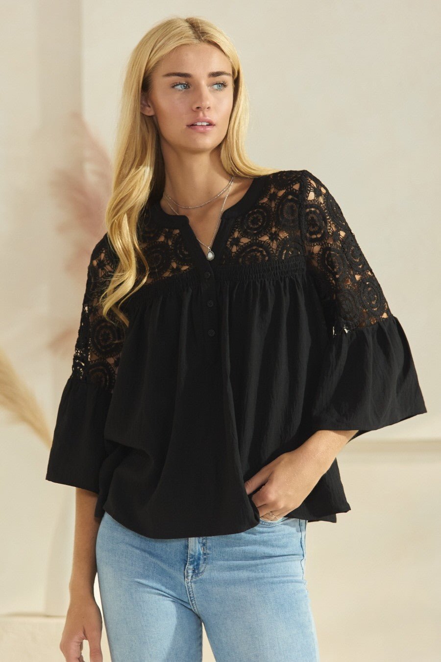 Oddi Solid Airflow Lace Trimmed Bell Sleeve Blouse - Curvy Size - Blush & Cactus