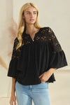 Oddi Solid Airflow Lace Trimmed Bell Sleeve Blouse - Curvy Size - Blush & Cactus