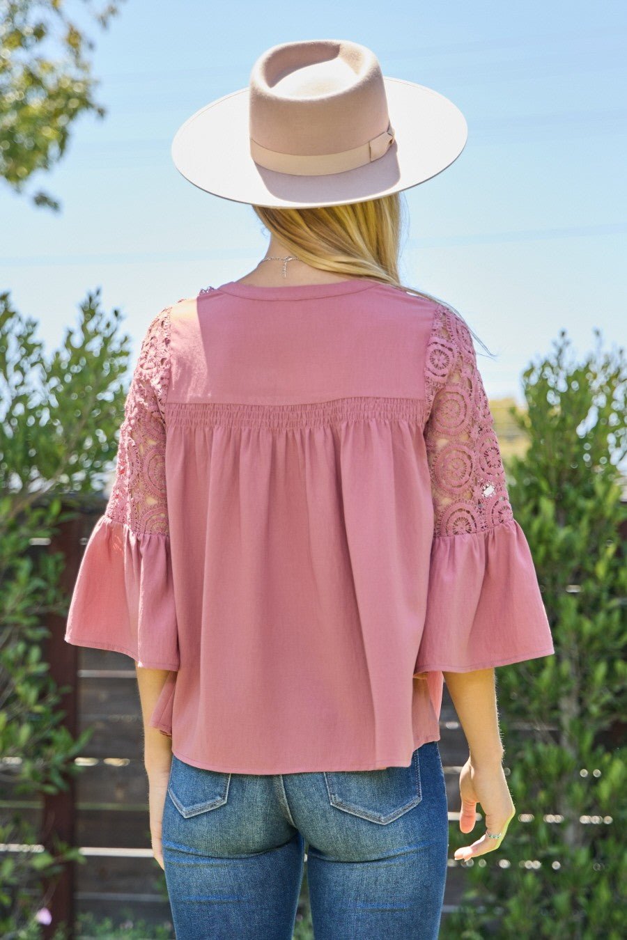 Oddi Solid Airflow Lace Trimmed Bell Sleeve Blouse - Curvy Size - Blush & Cactus