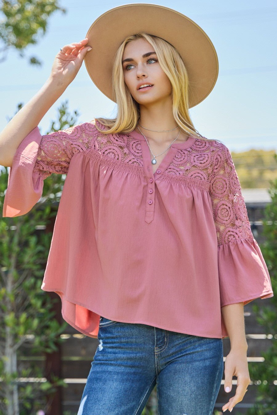 Oddi Solid Airflow Lace Trimmed Bell Sleeve Blouse - Curvy Size - Blush & Cactus
