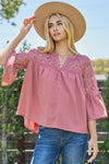 Oddi Solid Airflow Lace Trimmed Bell Sleeve Blouse - Curvy Size - Blush & Cactus