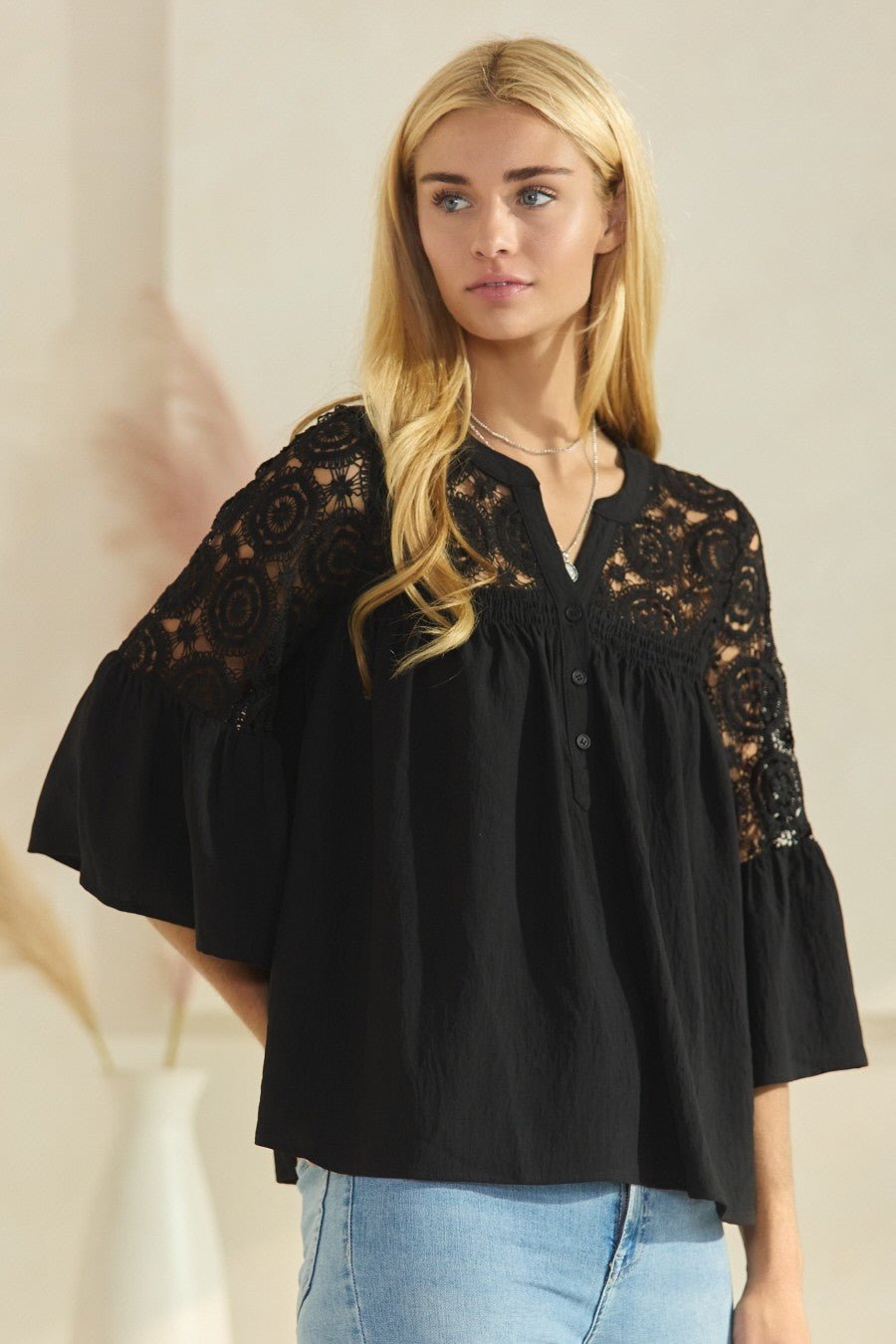 Oddi Solid Airflow Lace Trimmed Bell Sleeve Blouse - Curvy Size - Blush & Cactus