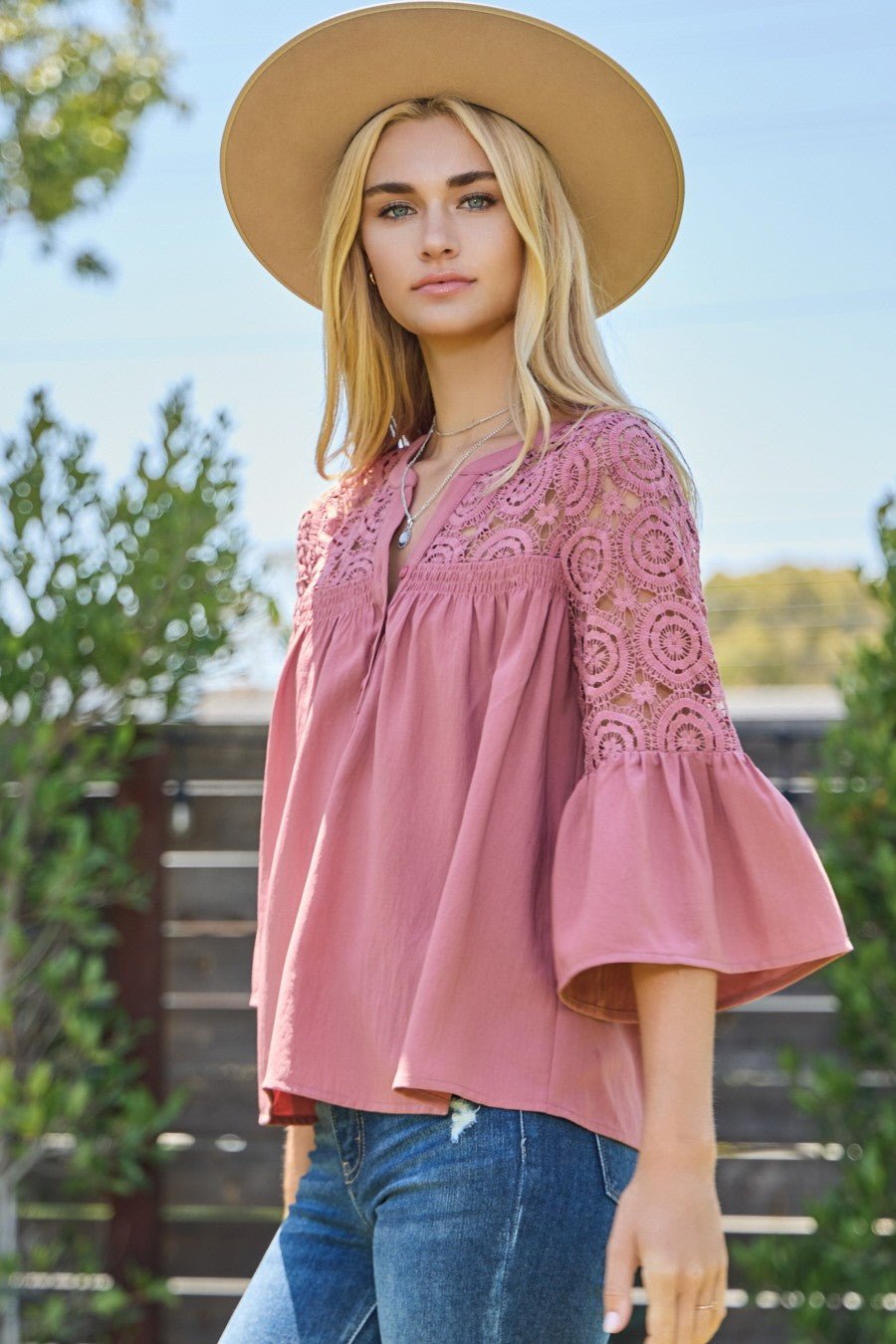 Oddi Solid Airflow Lace Trimmed Bell Sleeve Blouse - Curvy Size - Blush & Cactus