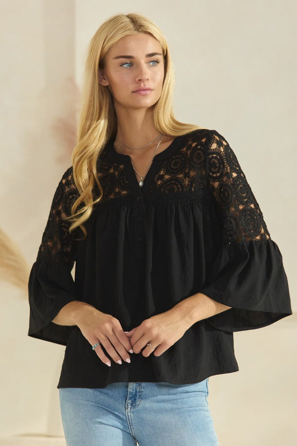 Oddi Solid Airflow Lace Trimmed Bell Sleeve Blouse - Curvy Size - Blush & Cactus