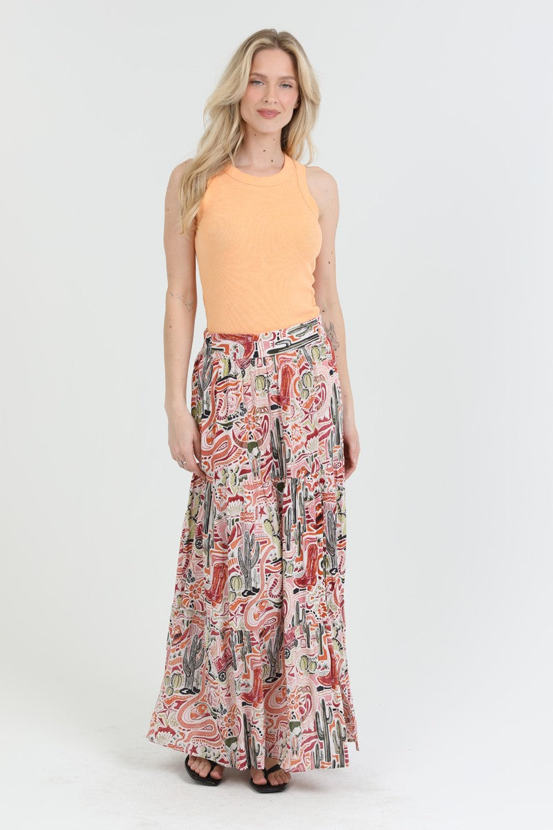 Angie Western Print High Slit Maxi Skirt