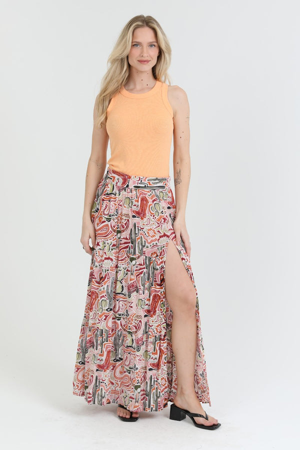 Angie Western Print High Slit Maxi Skirt