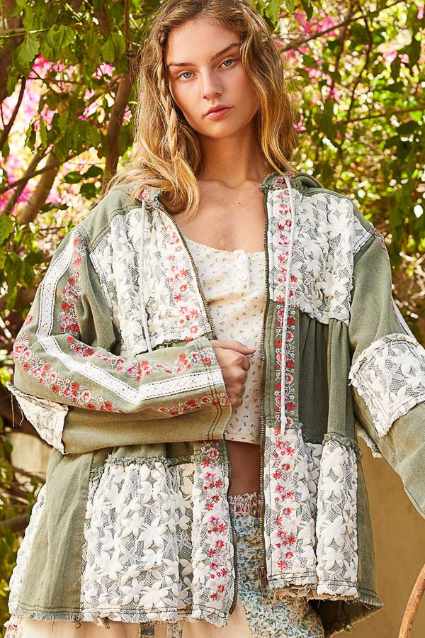 SALE POL Vintage washed embroidery lace patch zipper jacket