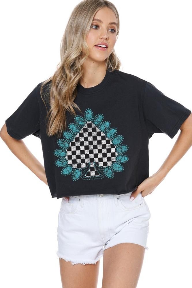 Zutter Turquoise Checkered Spade Vintage Graphic Tee - Blush & Cactus