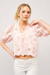 Blue B Metallic Embroidered Tie Front Scallop Hem Top
