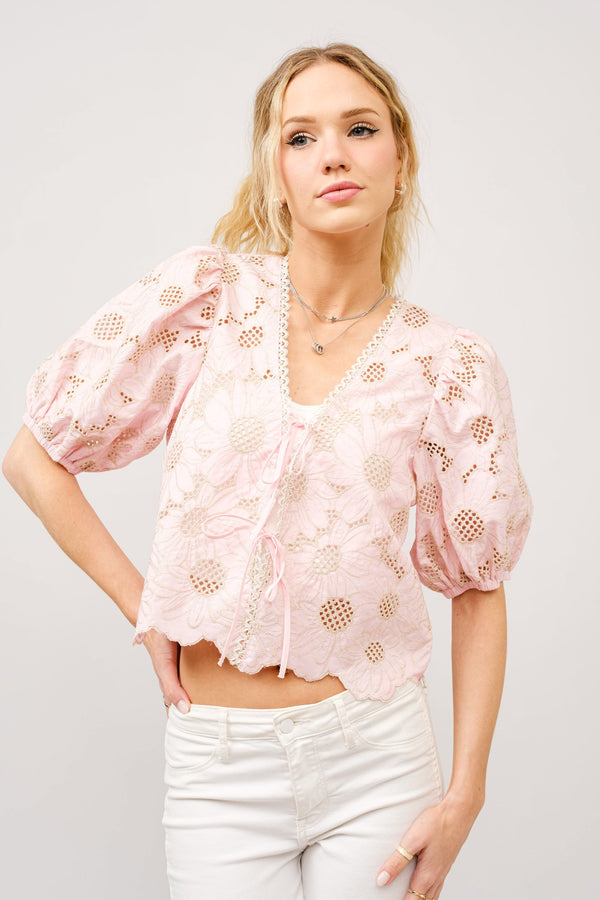 Blue B Metallic Embroidered Tie Front Scallop Hem Top