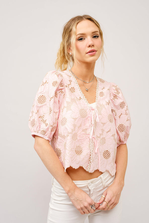 Blue B Metallic Embroidered Tie Front Scallop Hem Top