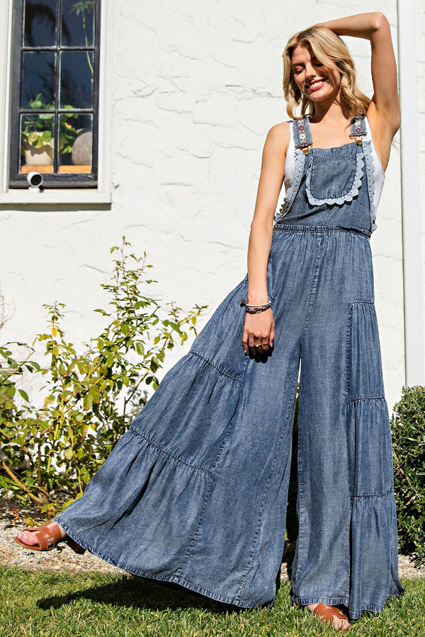 eesome Lace Trim Tiered Sleeveless Denim Jumpsuit