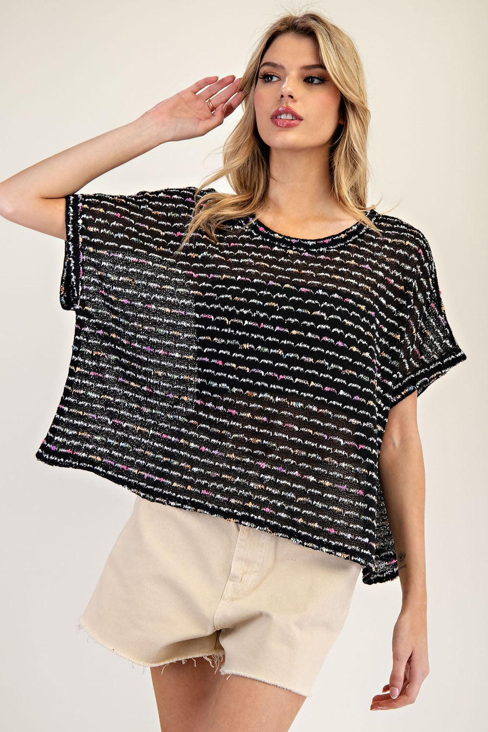 eesome multicolored Stripe Knit Short Sleeve Top