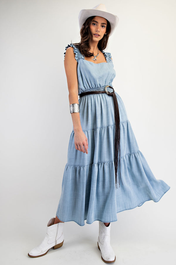 chambray tiered maxi dress Table for Two Tiered Maxi Dress with Puff Sleeves in Chambray Blue S