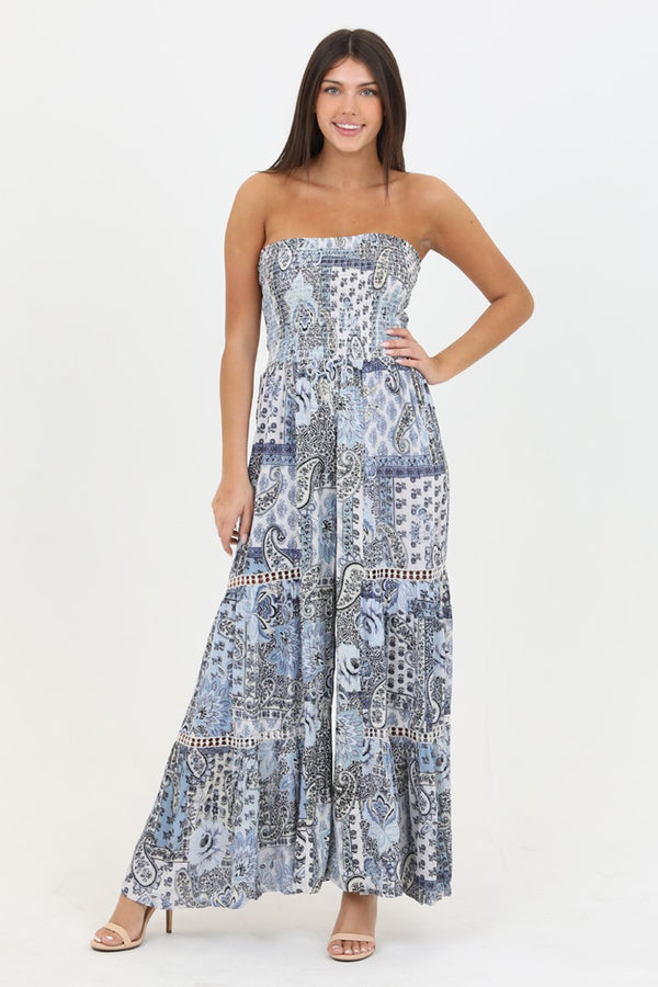 Angie Smocked Bodice Wide Leg Jumpsuit With Lace