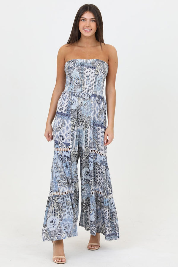Angie Smocked Bodice Wide Leg Jumpsuit With Lace