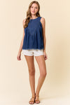 Tencel Chambray Round Neck Shirred Swing Tank