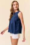 Tencel Chambray Round Neck Shirred Swing Tank