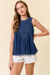Tencel Chambray Round Neck Shirred Swing Tank