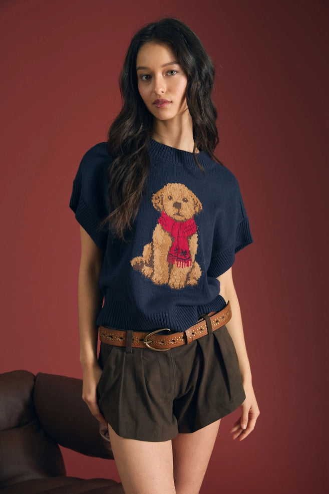 Puppy Jacquard Short Sleeve Knit Sweater