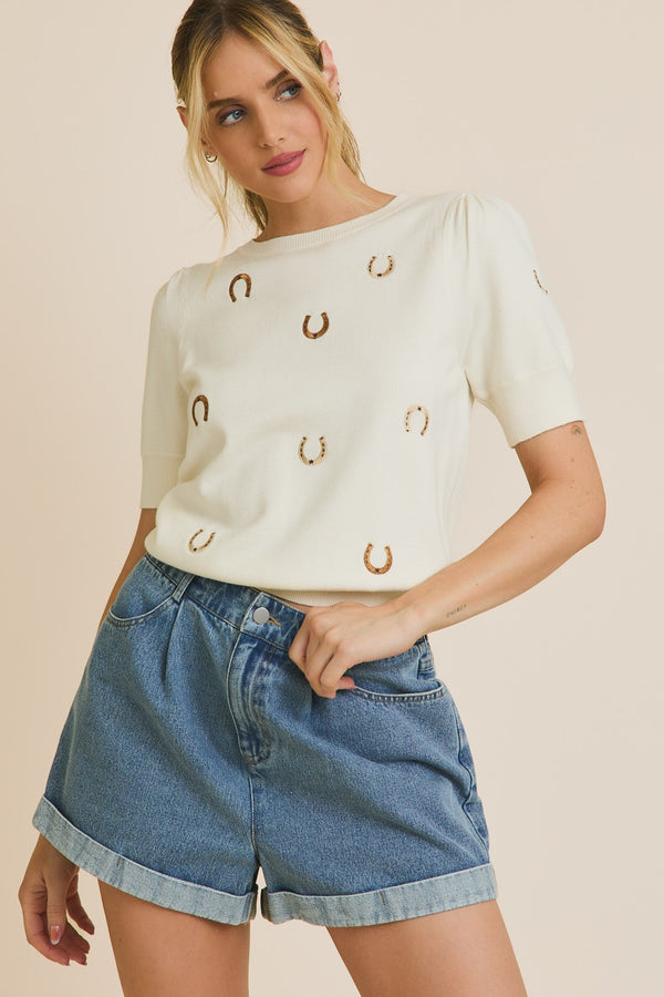 Easel Round Neck Puff Sleeve Embroidered Knit Top