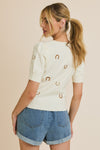 Easel Round Neck Puff Sleeve Embroidered Knit Top