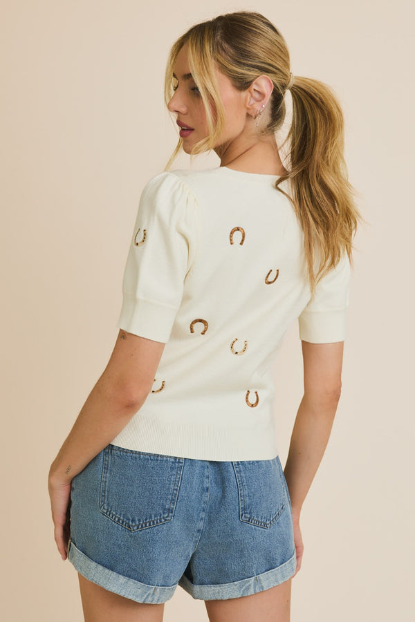 Easel Round Neck Puff Sleeve Embroidered Knit Top