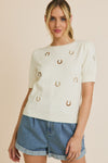 Easel Round Neck Puff Sleeve Embroidered Knit Top