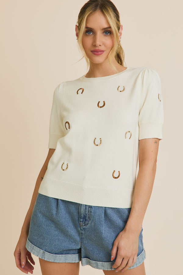 Easel Round Neck Puff Sleeve Embroidered Knit Top
