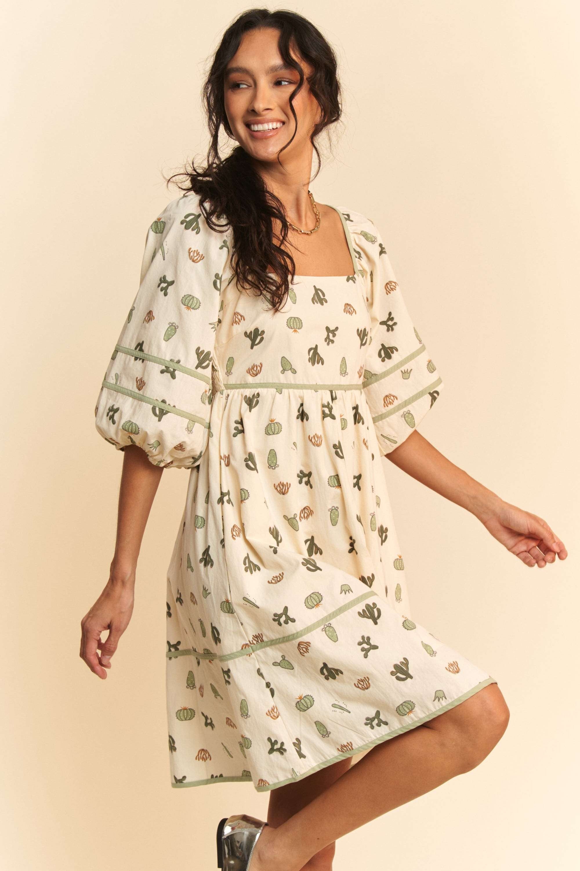 Davi & Dani Cactus Printed Poplin Contrast Piping Mini Dress