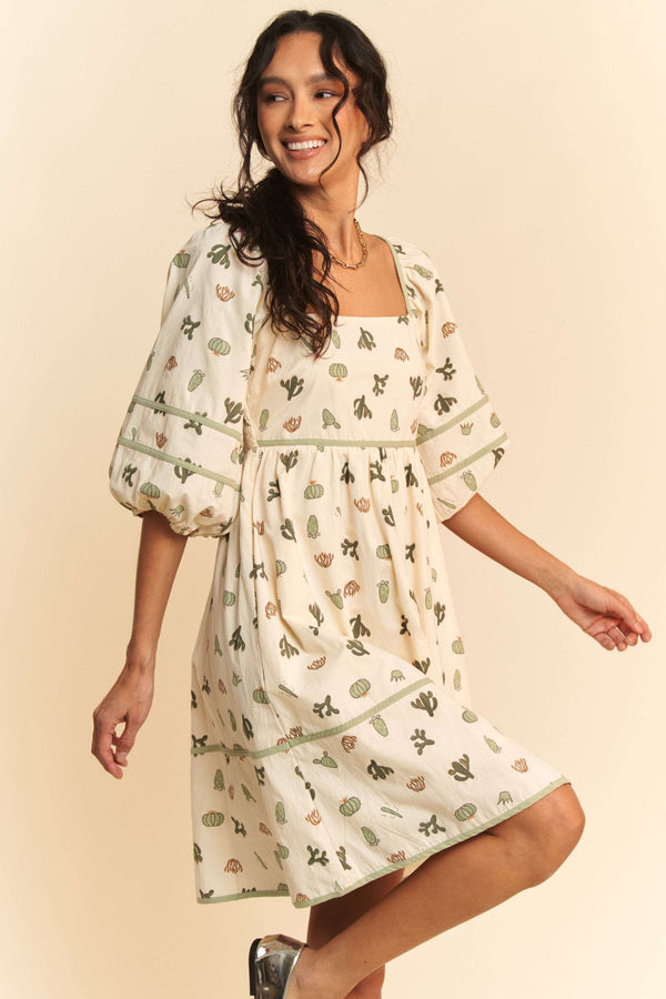 Davi & Dani Cactus Printed Poplin Contrast Piping Mini Dress