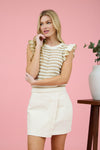 Blu Pepper Stripe Short Ruffle Sleeve Sweater Knit Top