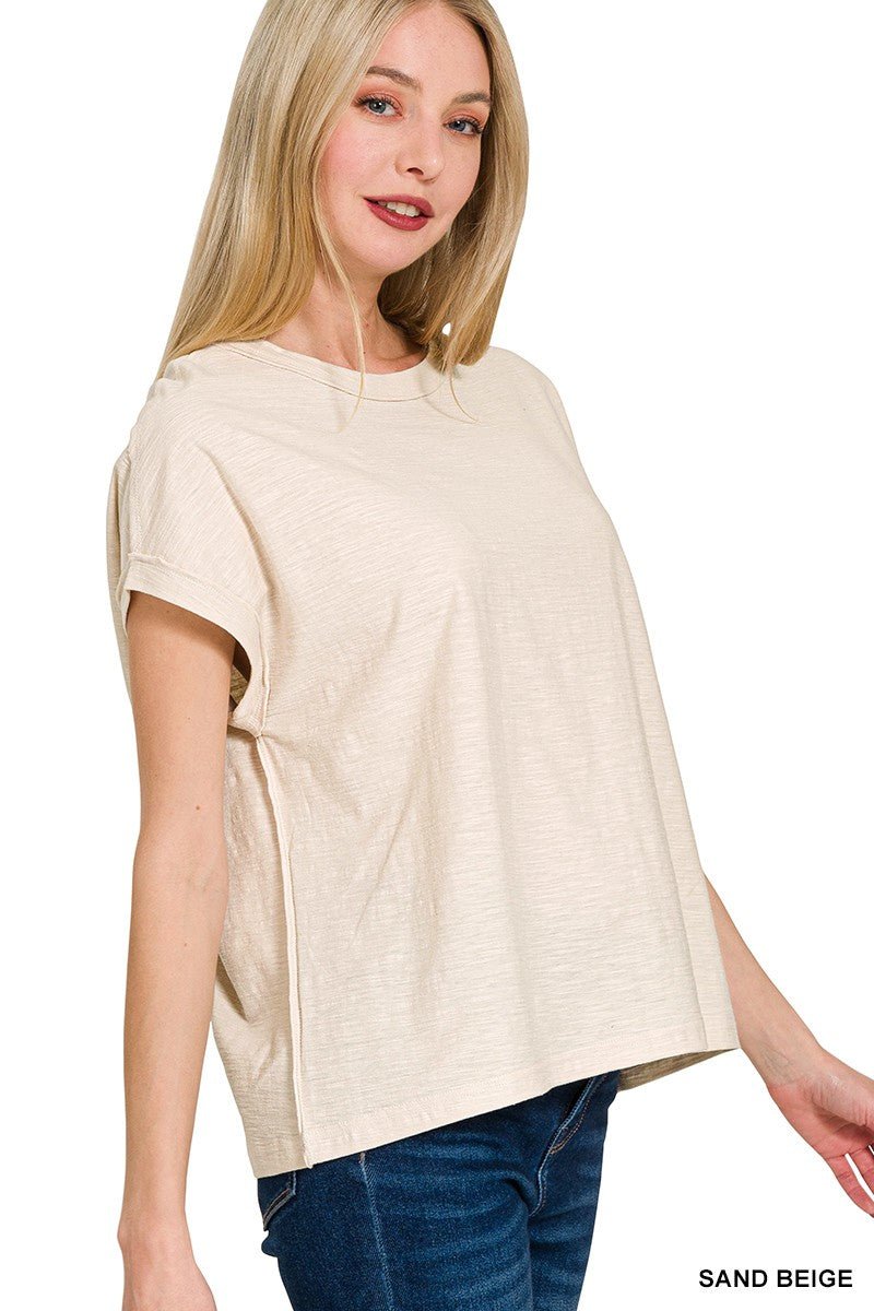 Cotton Slub Round Neck Short Sleeve Tee - Blush & Cactus