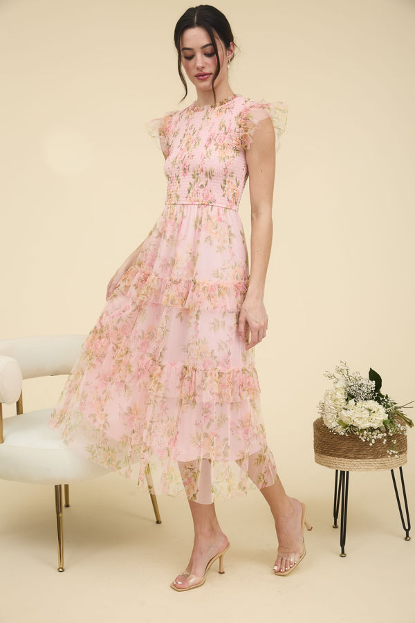 Pink Floral Smocked Ruffle Maxi Dress M Pink Floral Smocked Ruffle Maxi Dress M
