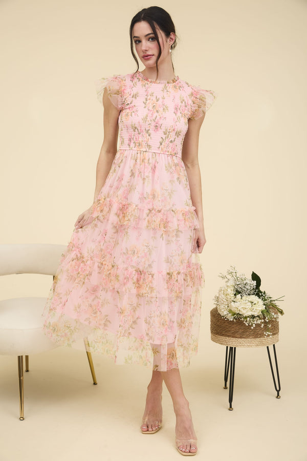 Pink Floral Smocked Ruffle Maxi Dress M Pink Floral Smocked Ruffle Maxi Dress M