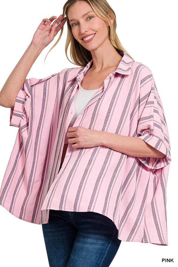 Woven Yarn-dye Stripe Oversized Button Down Shirts