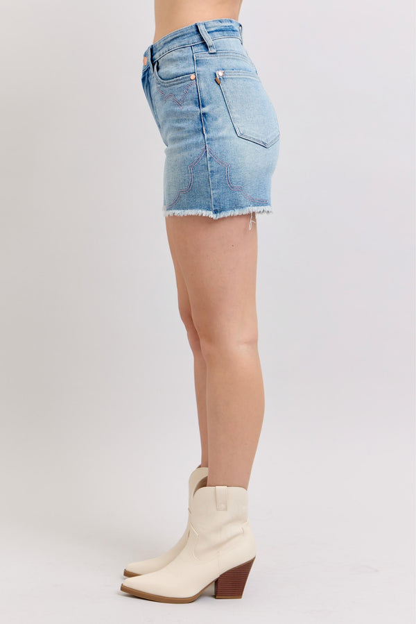 Judy Blue HW Western Embroidery Detail Cut Off Shorts