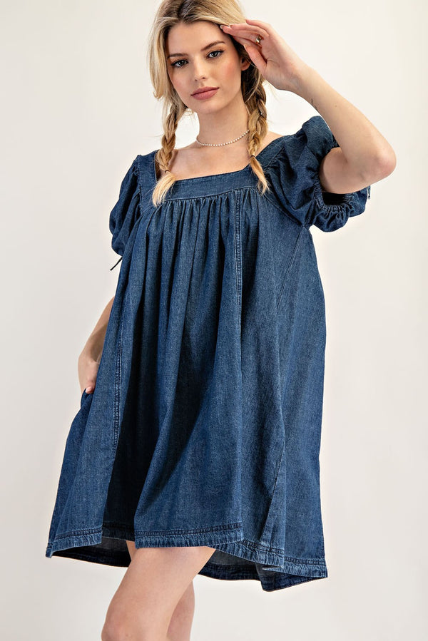 eesome Mineral Washed Puff Sleeve Mini Dress