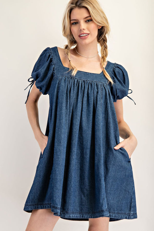 eesome Mineral Washed Puff Sleeve Mini Dress