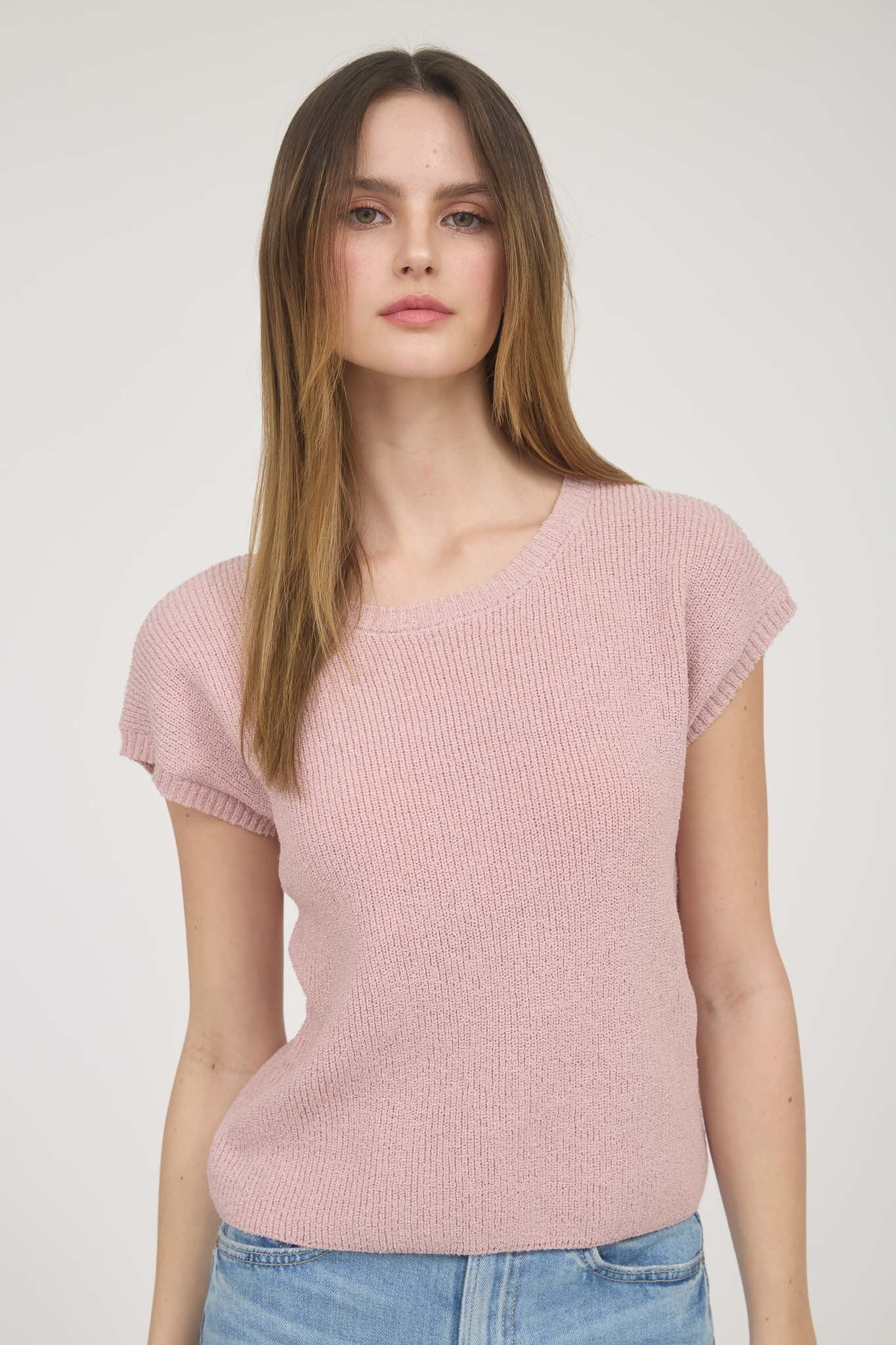 Blu Pepper Back Sheer Tie Short Sleeve Knit Sweater - Curvy Size
